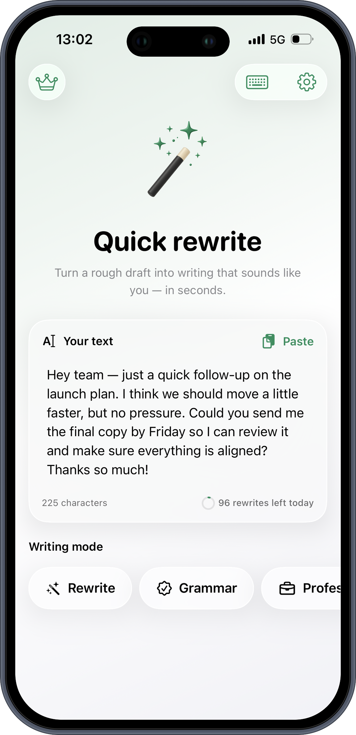 QKeyboard Quick Rewrite workspace on iPhone