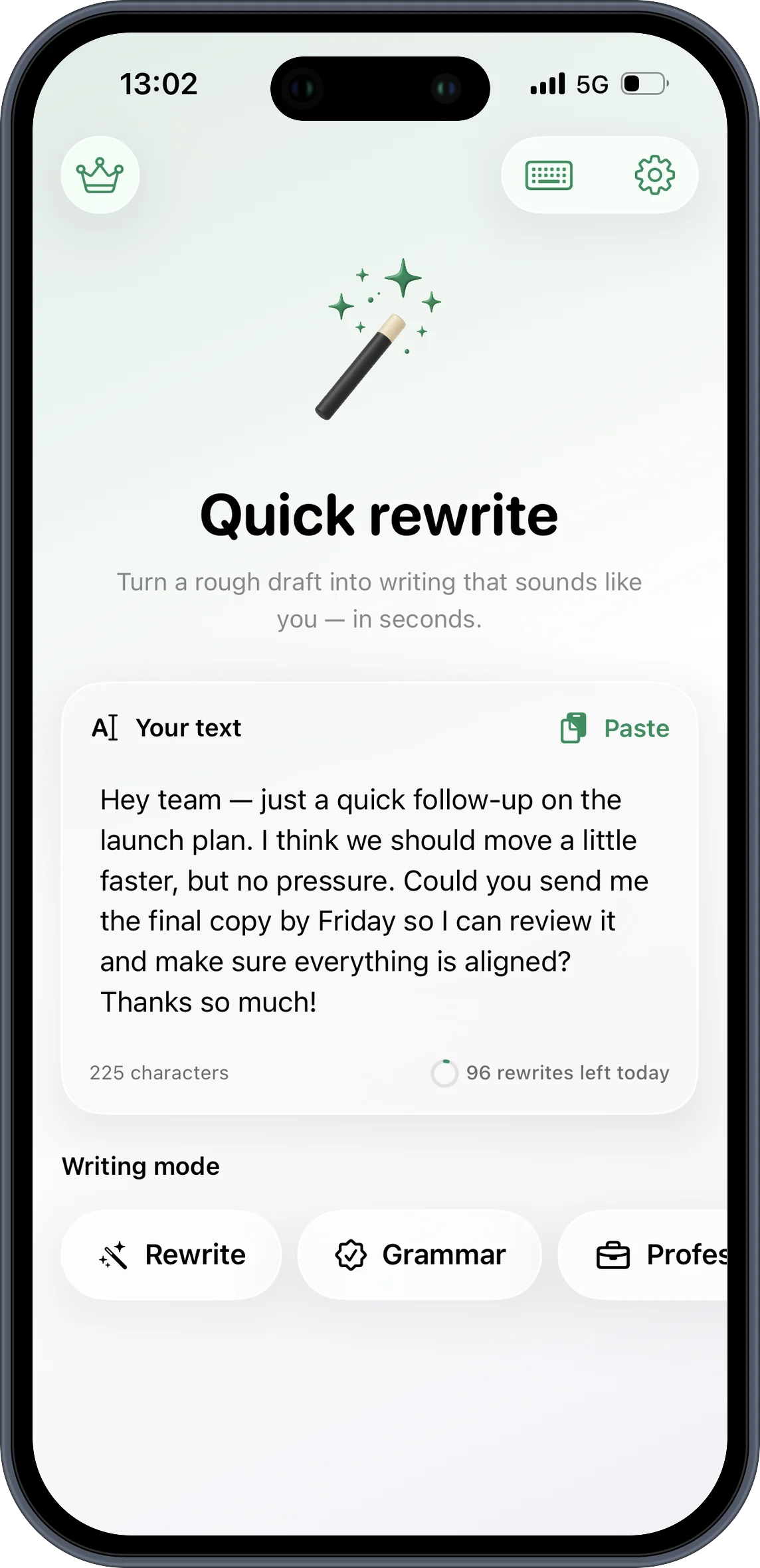 A área de Reescrita rápida do QKeyboard no iPhone