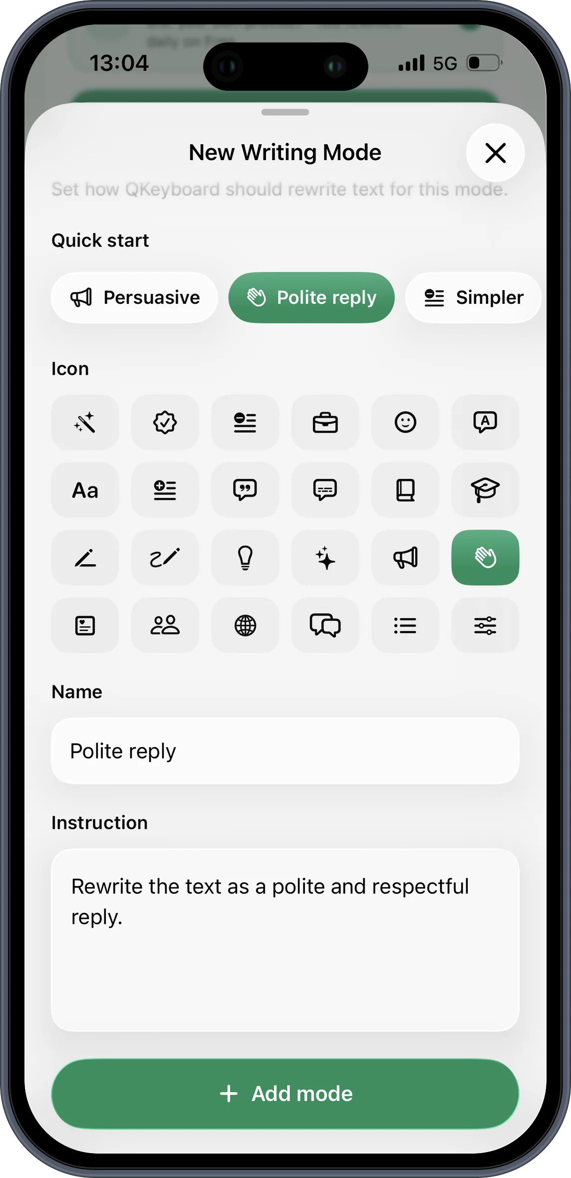 O editor de modos de escrita personalizados do QKeyboard no iPhone