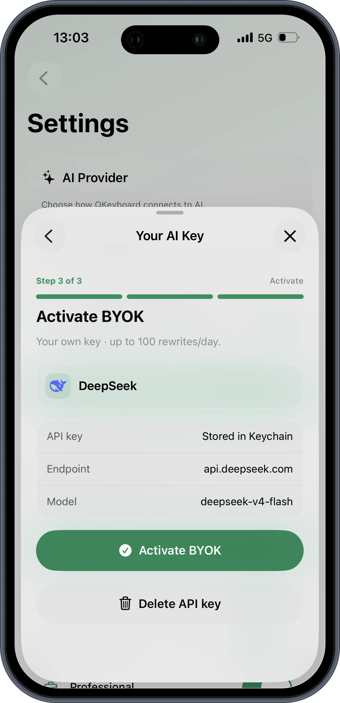 Opções de tom do QKeyboard no iPhone